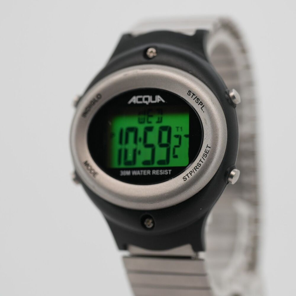 Acqua by Timex Indiglo Digital Watch Silver Expansion Bracelet Running New Batt